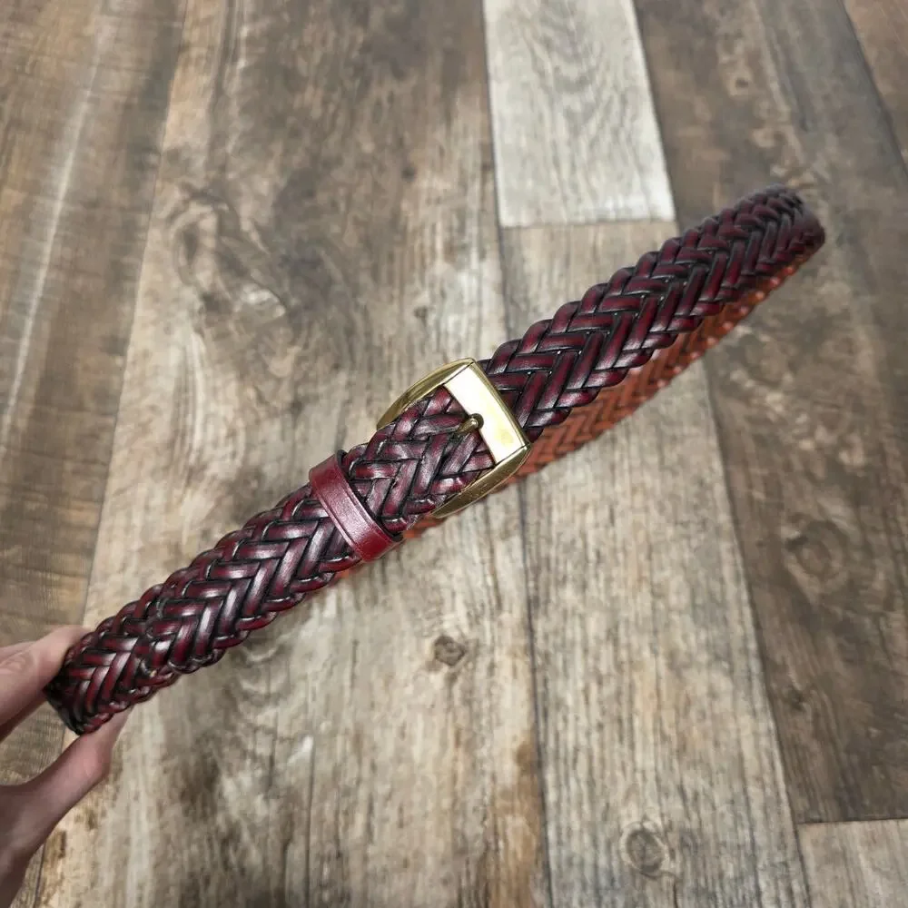 Burgundy Braided Belt Gold Tone Buckle Boho Western Size Large